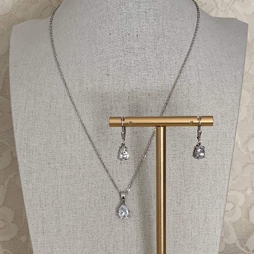 925 Silver CZ Pendant Necklace and Earring Set